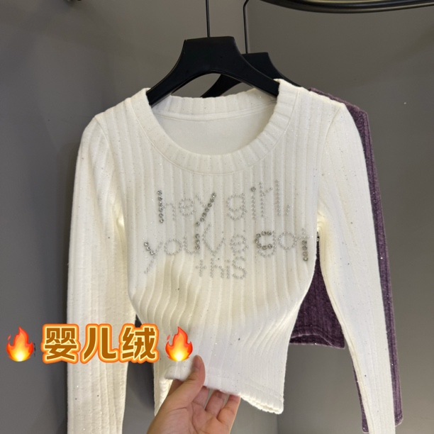 手工钉钻正肩t恤女小众设计感冬季新款甜辣加绒上衣内搭8024#