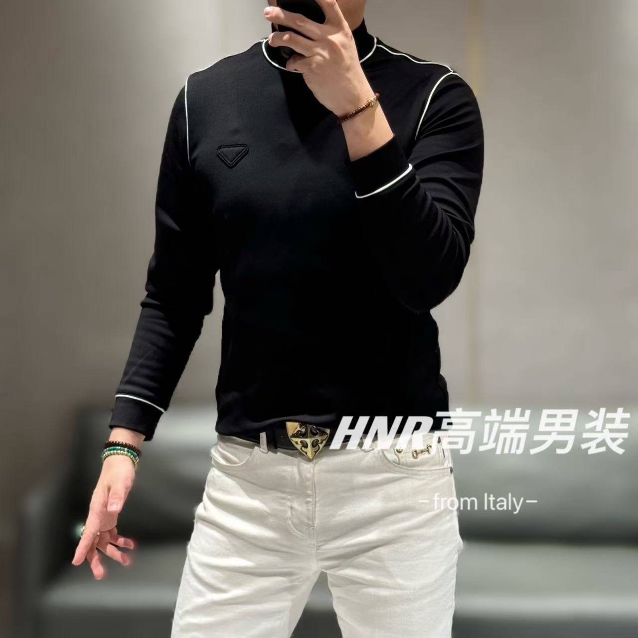 【莫代尔空气层】倒三角胸标设计感线条休闲打底长袖9989