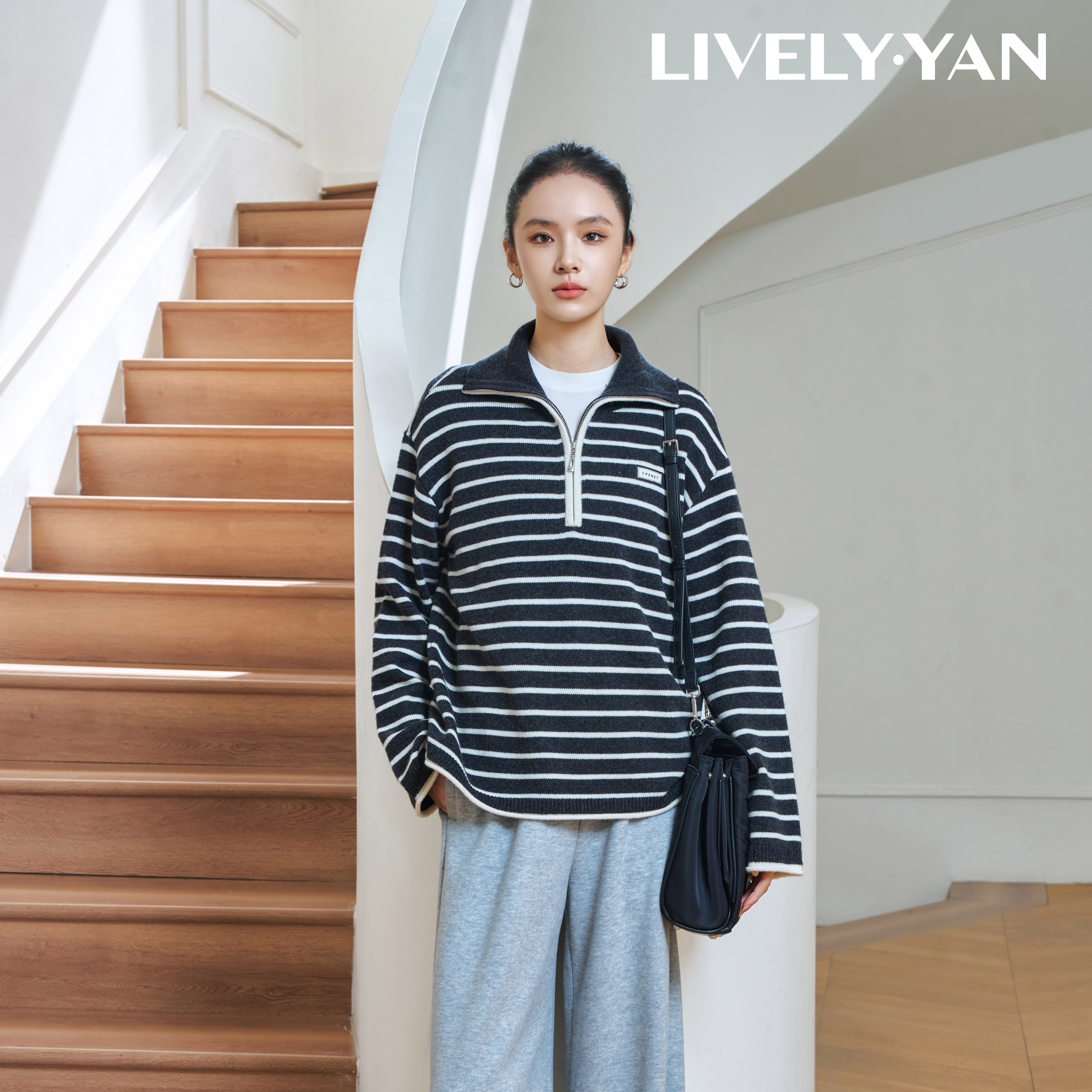 俪研【LIVELY・YAN】73712休闲风百搭条纹针织毛针织衫毛衣连帽