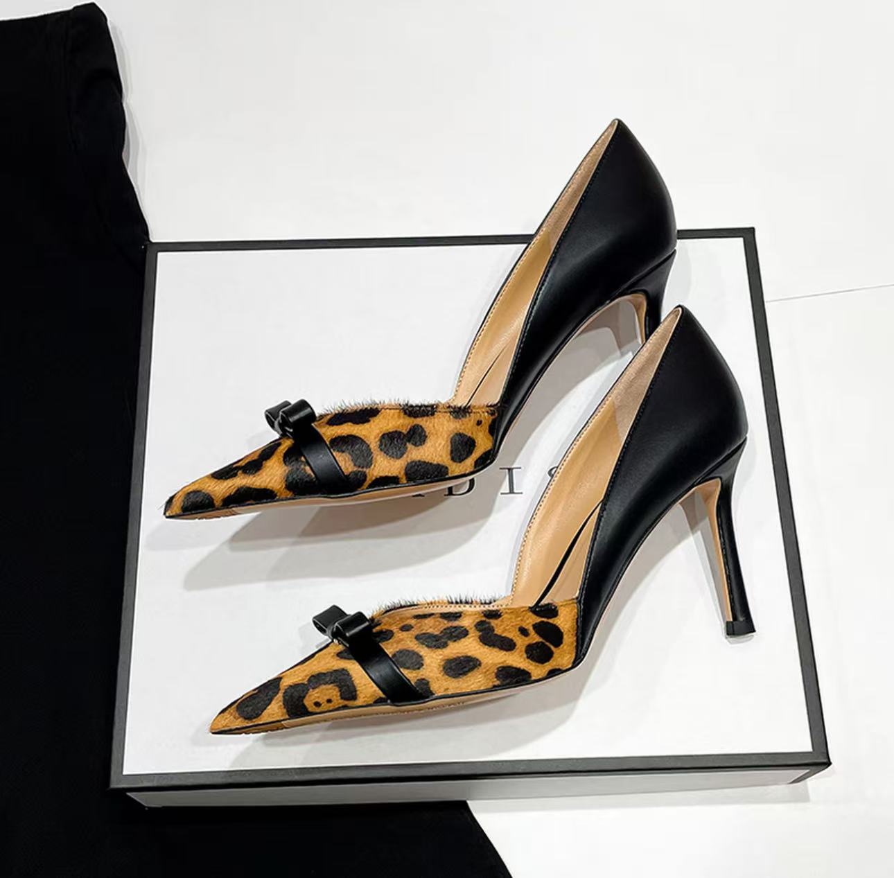 细跟高跟鞋性感尖头常规款豹纹百搭细跟防滑粘胶鞋