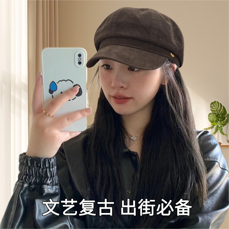 棕色八角贝雷帽子女春夏季大头围复古画家报童帽短檐八角帽女款