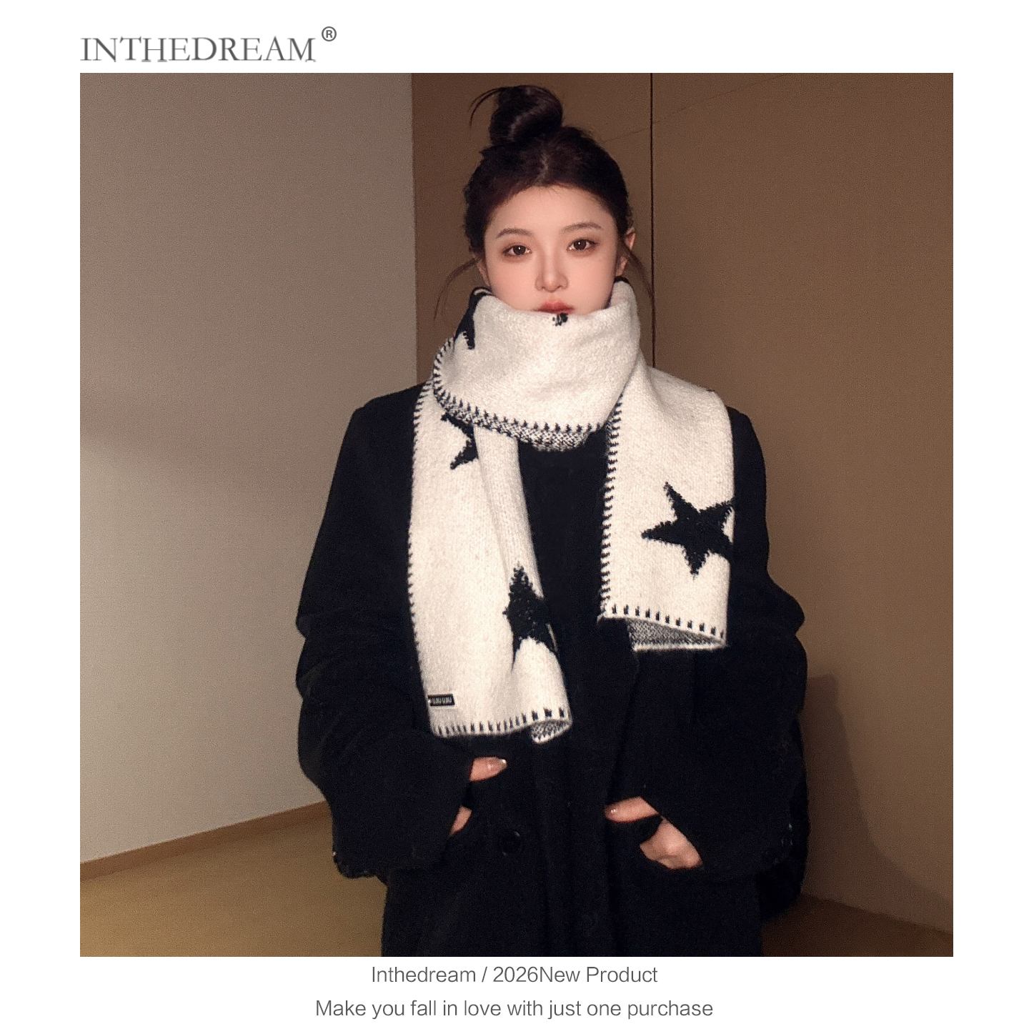 韩系时尚软糯小众感五角星缝边针织围巾女秋冬季氛围感保暖小围脖