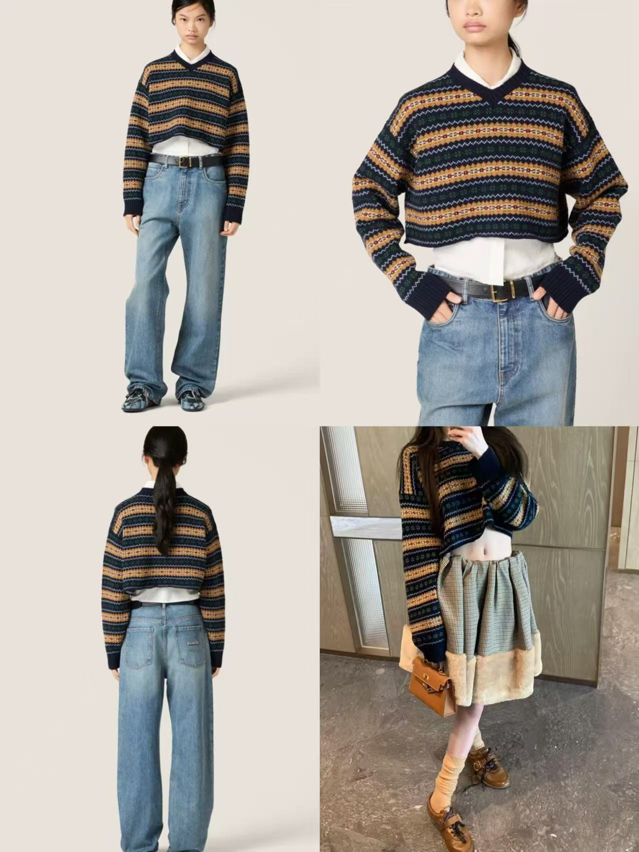 LiLi 秋冬新款撞色条纹V领短款毛衣针织上衣 461933