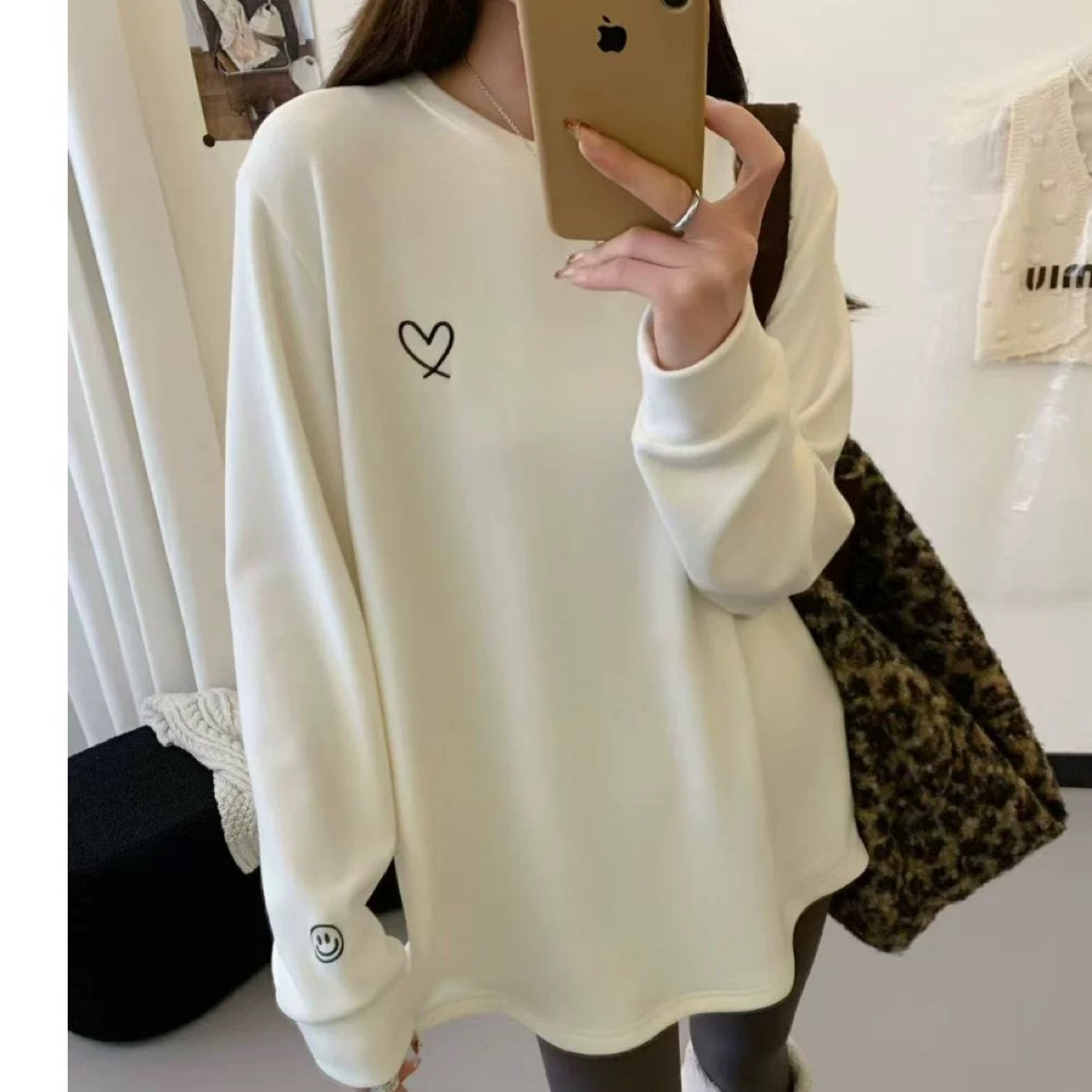 兰桂坊米奇T加绒加厚烫印长袖中长款256