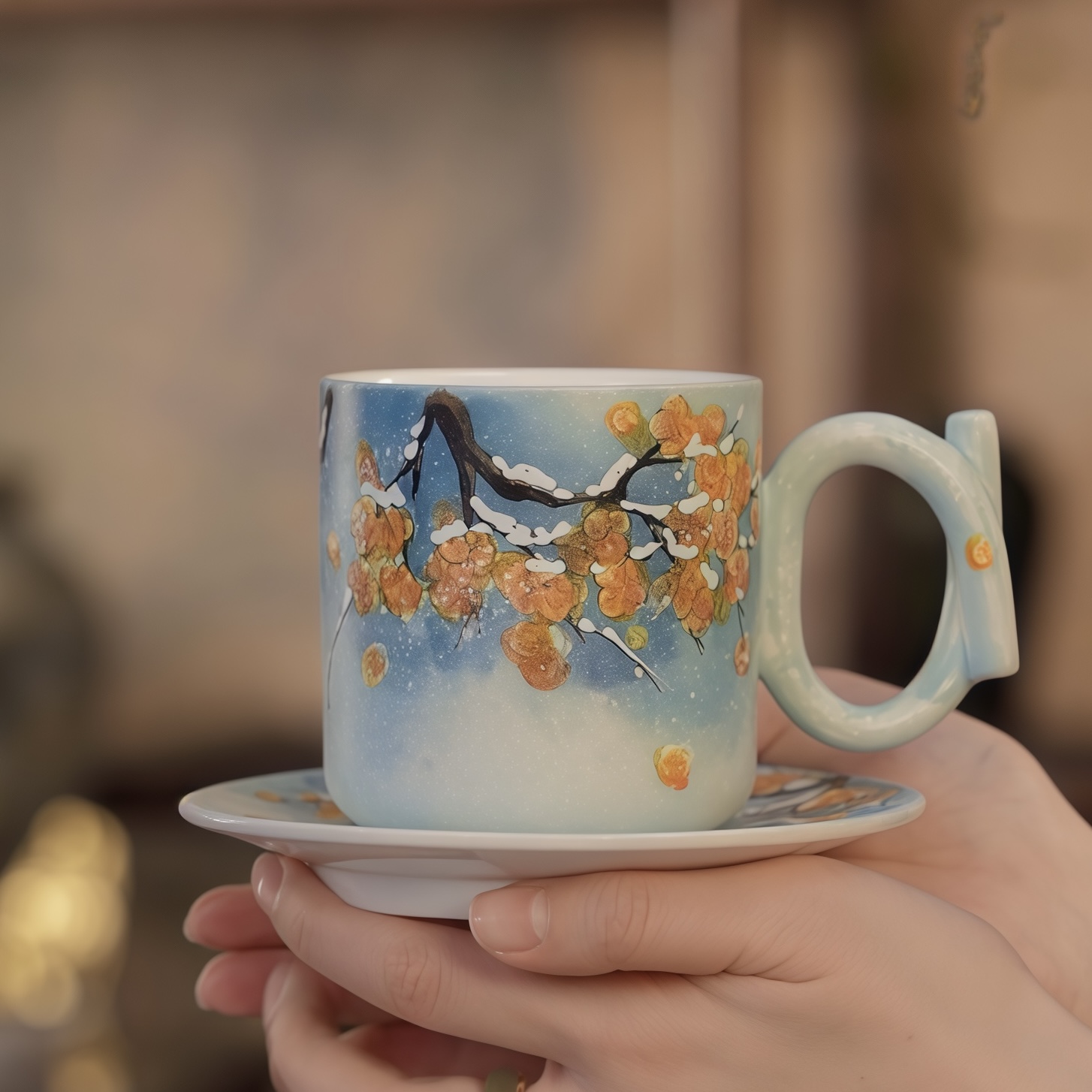 是泥吖设计师款手绘蓝腊梅主人杯高白泥磨砂质感手工家用咖啡套杯