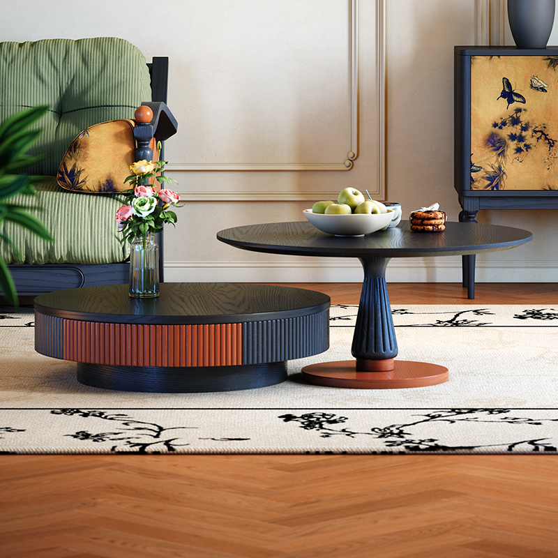 法式复古茶几实木中古风圆形茶几小户型客厅家用大小圆茶几组合