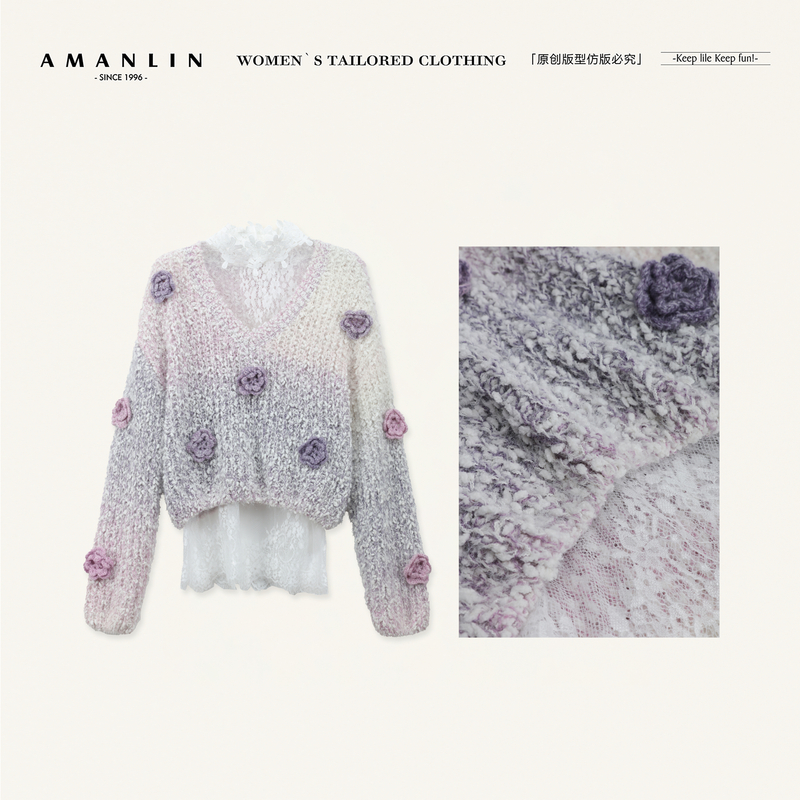 AMANLIN/阿谩琳琥珀流光体花朵圆领针织衫女秋冬毛衣D603793