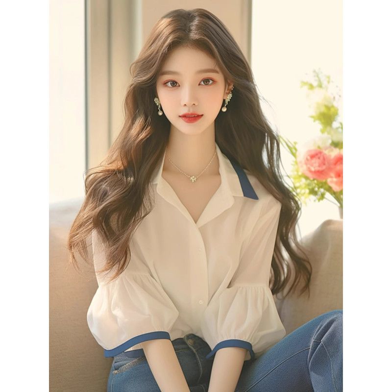 【店铺热销】拉夏贝尔今年流行白色泡泡袖衬衫女夏季漂亮时尚上衣