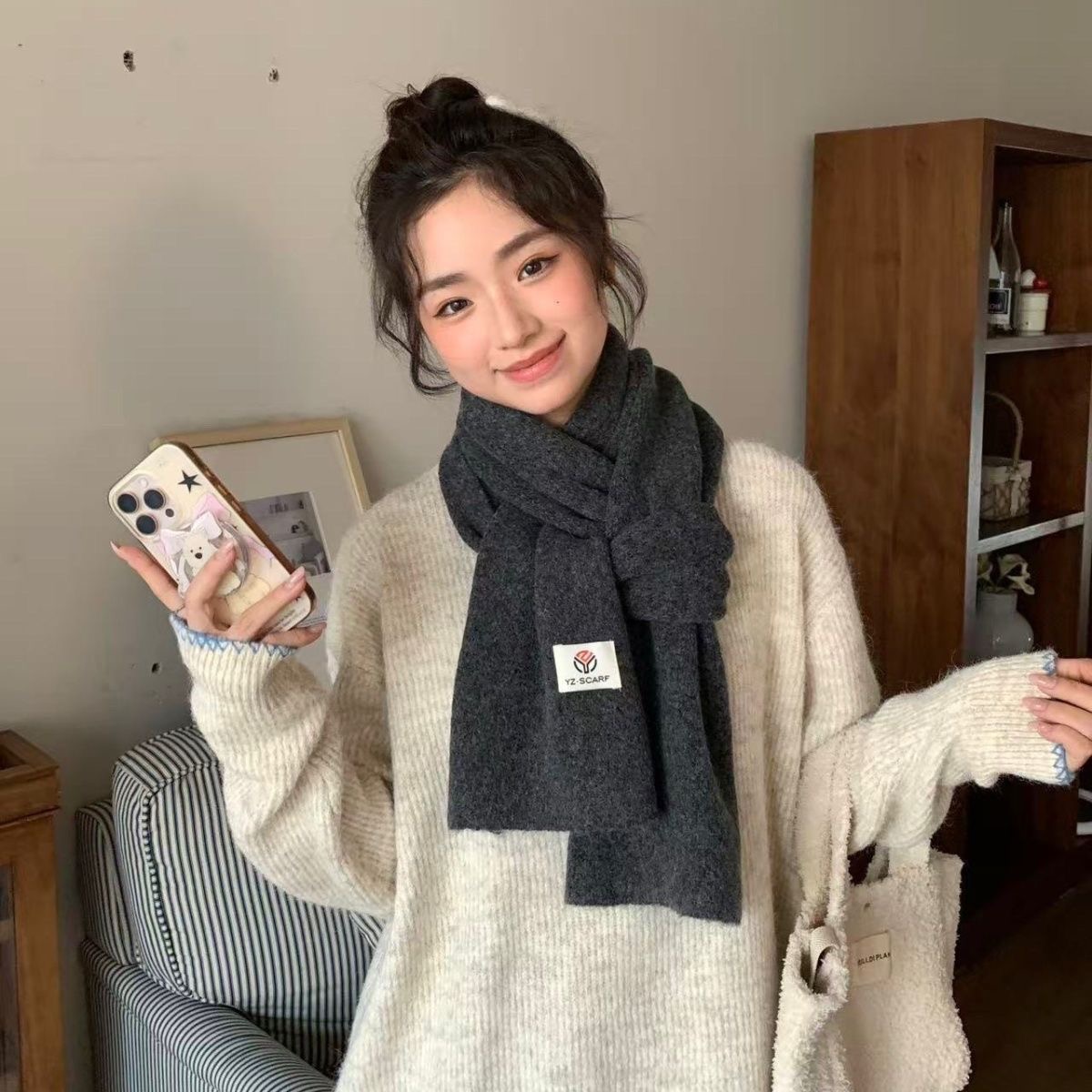 韩版氛围感针织围巾女冬季蓝色百搭保暖含羊毛高级感毛线护颈围脖