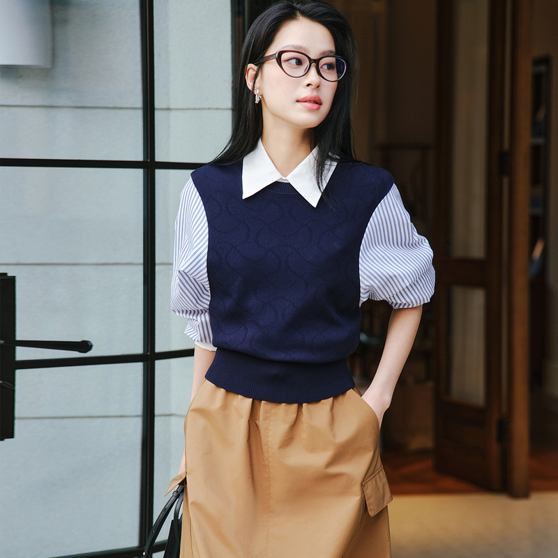 EP雅莹女装 棉质圆领宽松针织相拼条纹衬衫 2025新款2351A