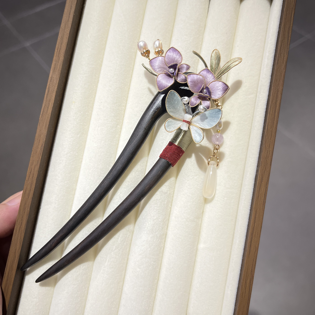 非遗掐丝绒花蝴蝶兰黑檀木发簪