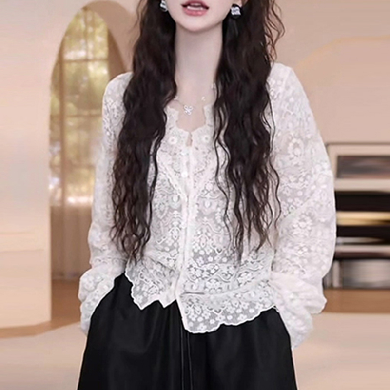 韩版气质早秋百搭防晒喇叭袖开衫蕾丝衬衫时尚百搭打底长袖T恤