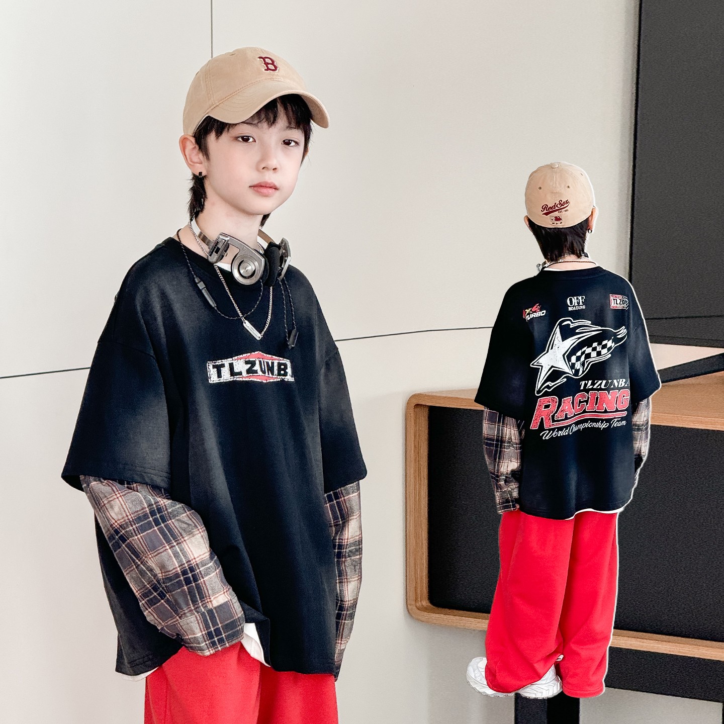 Y8876男童T恤长袖2025秋装儿童假两件上衣圆领纯棉中大童打底衫