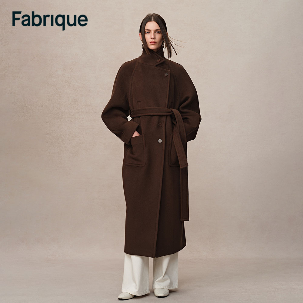 【贤哥专享】Fabrique【东方yoyo同款】新款可可棕翻领大廓形腰带毛呢