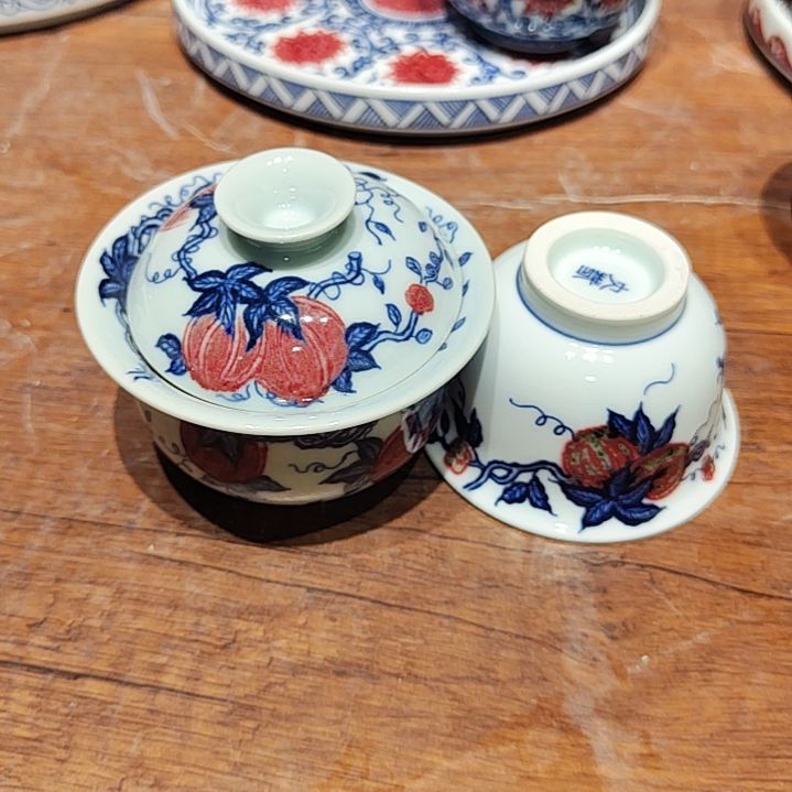 篱*景德镇青花釉里红盖碗