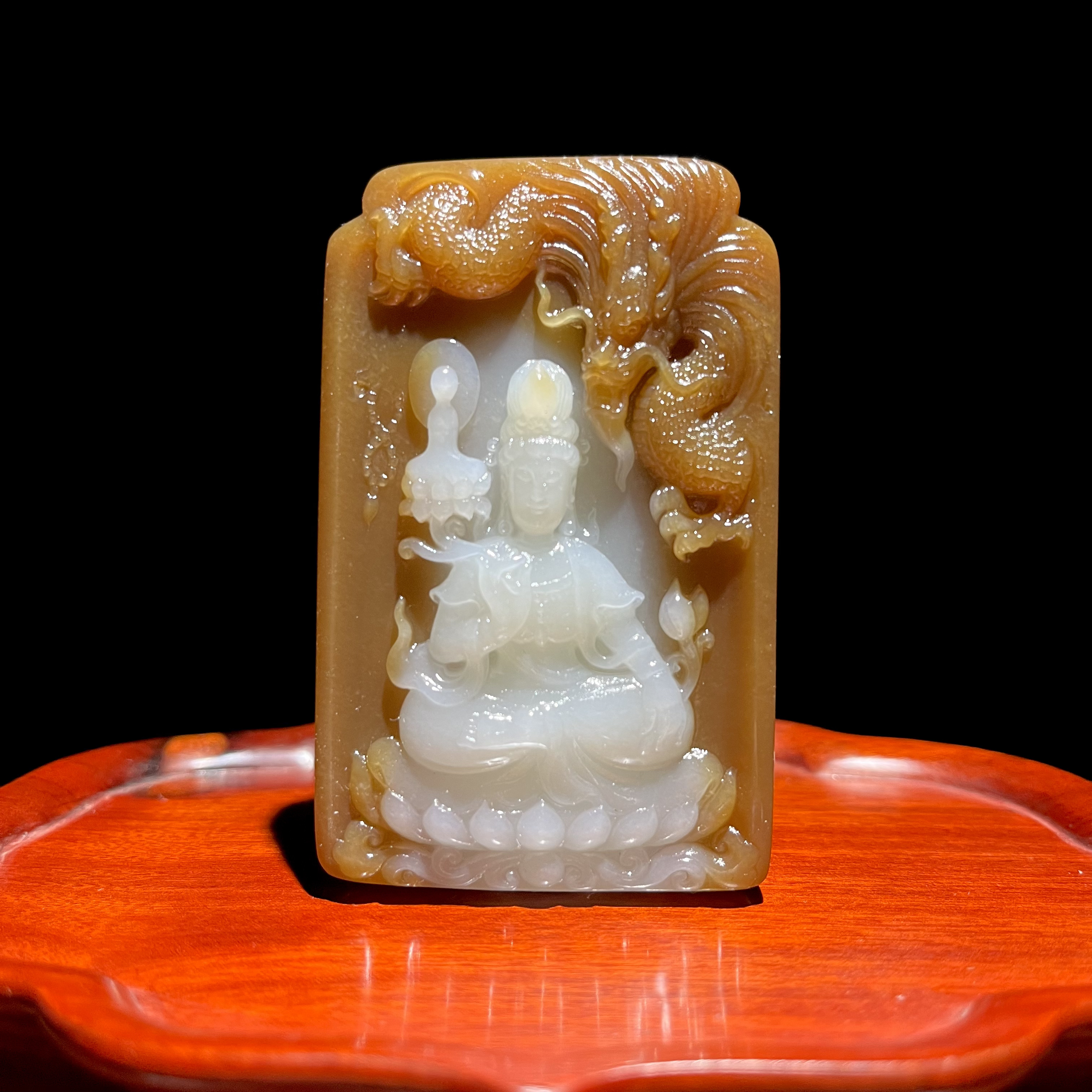 【金山矿标】新疆和田玉观音玉牌子冈牌金山糖白天花名家作品苏工雕