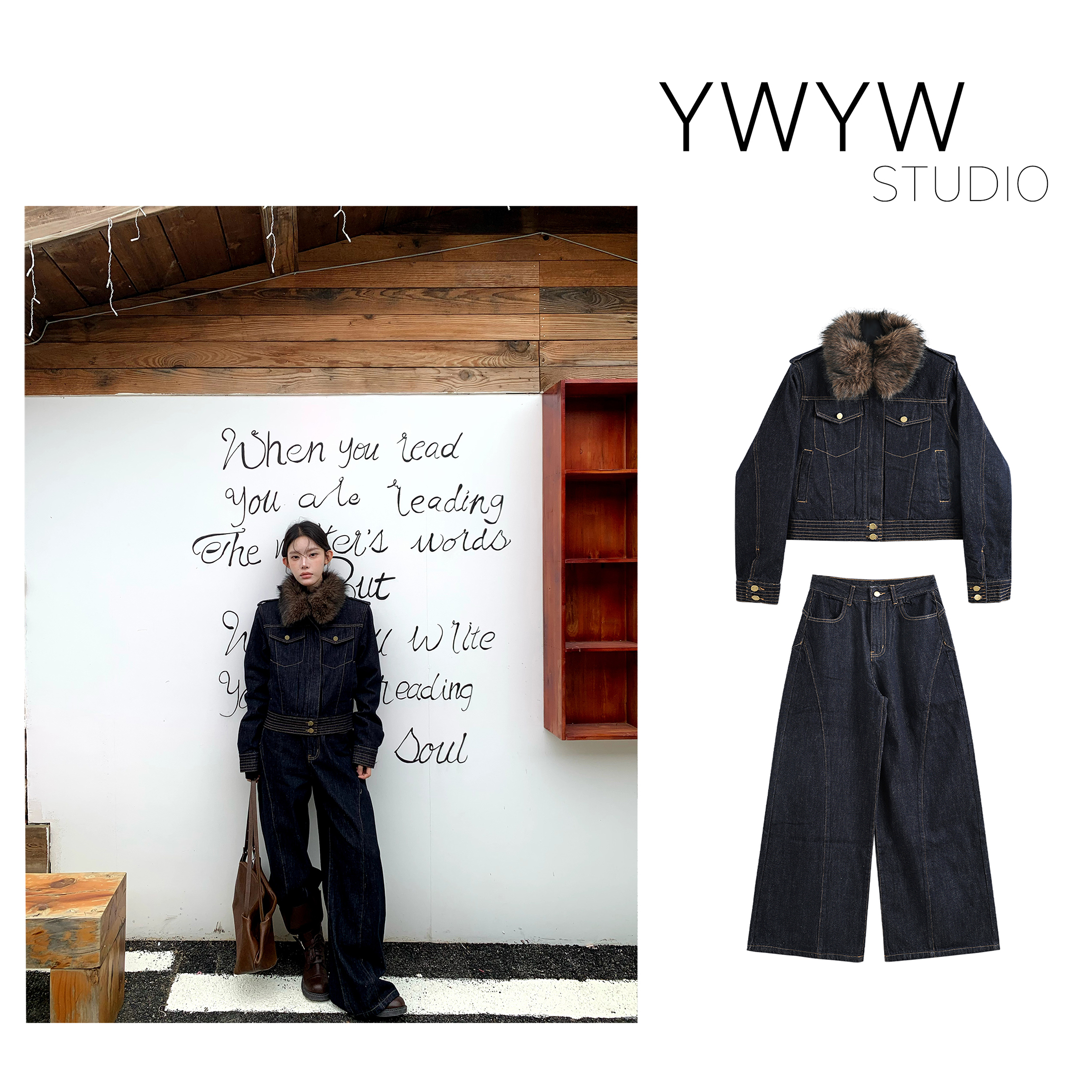 拆卸毛领复古水洗夹棉牛仔短外套+宽松扩版直筒牛仔裤套装5780