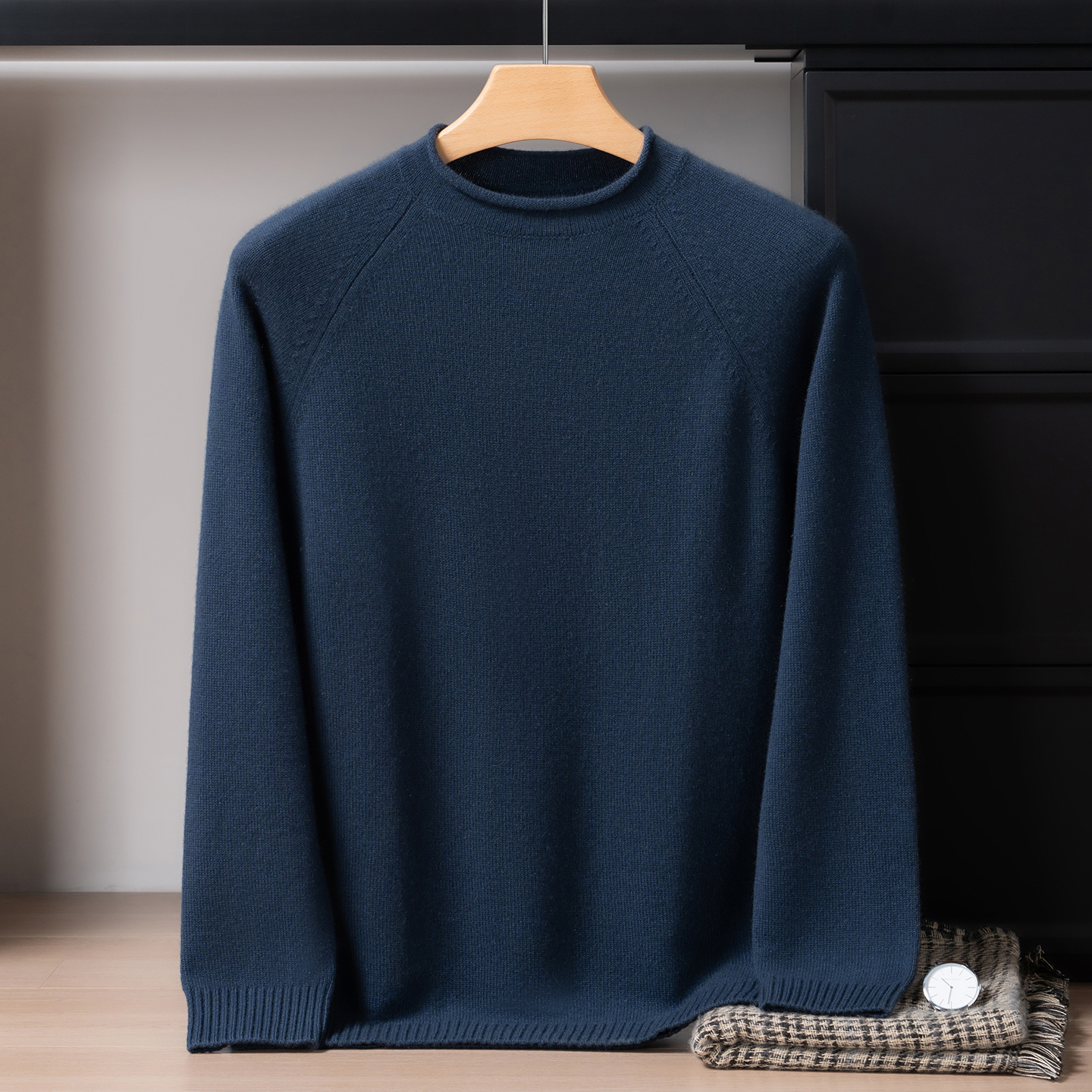 100%纯山羊绒七针双股加厚男士圆领卷边厚款百搭套头衫7730