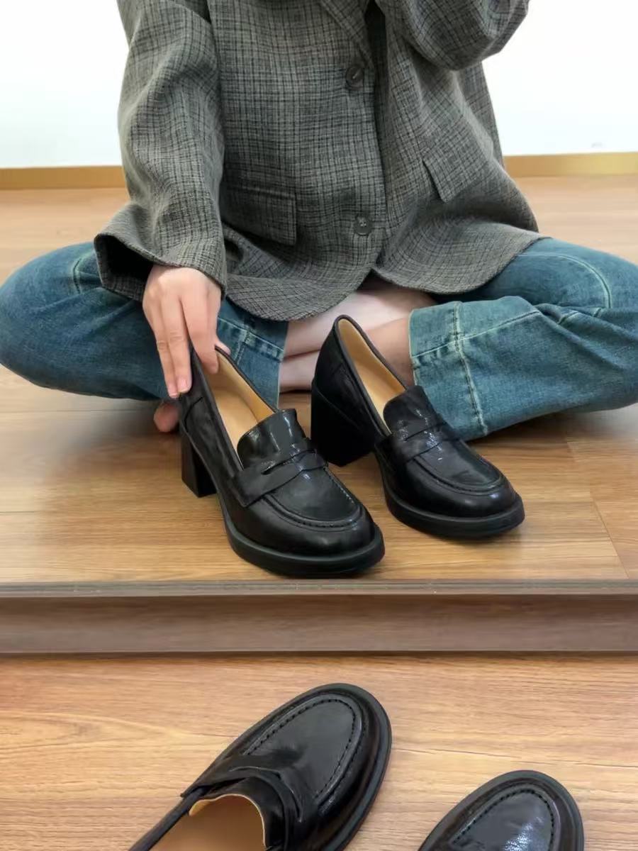 法式简约粗跟单鞋女通勤百搭高跟乐福鞋不累脚英伦风一脚蹬小皮鞋