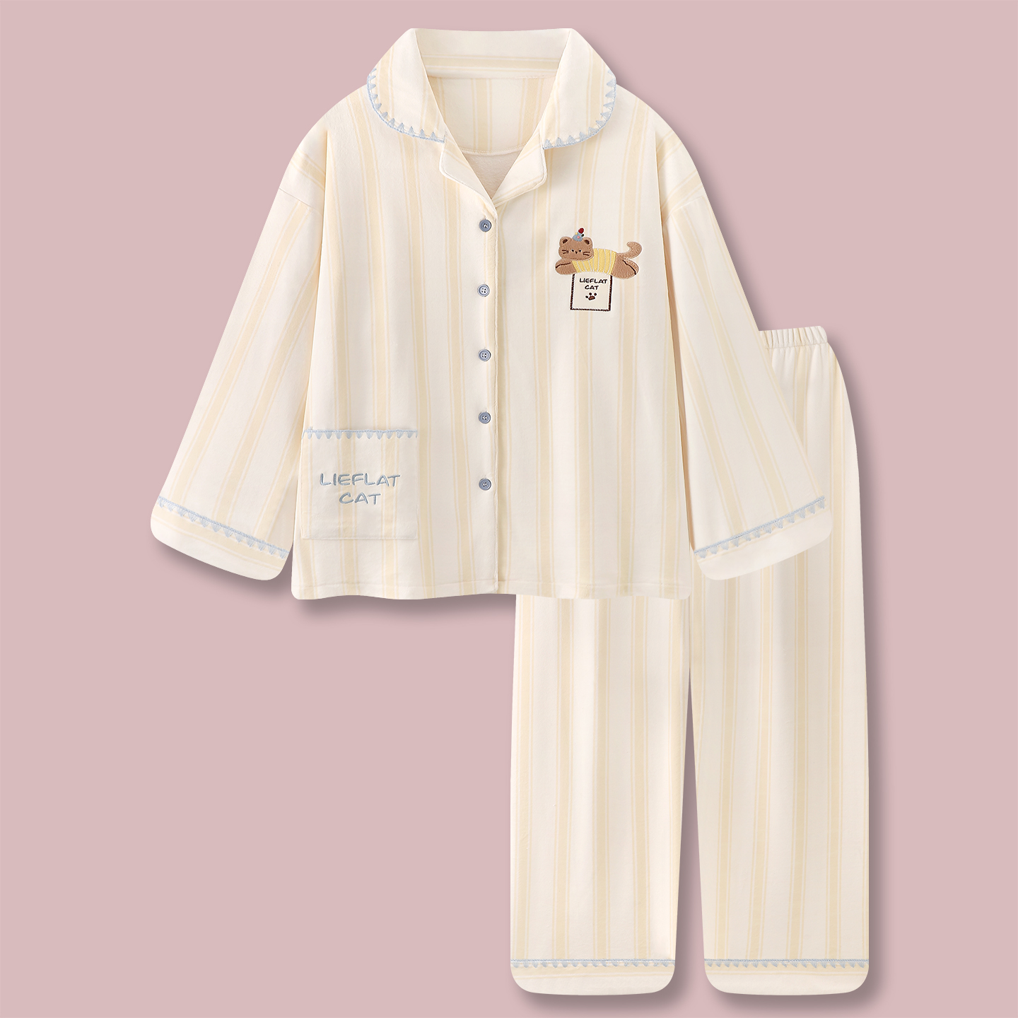 『邮票小猫』海岛绒冬季睡衣女卡通猫咪秋冬薄绒长袖家居服冬天套装