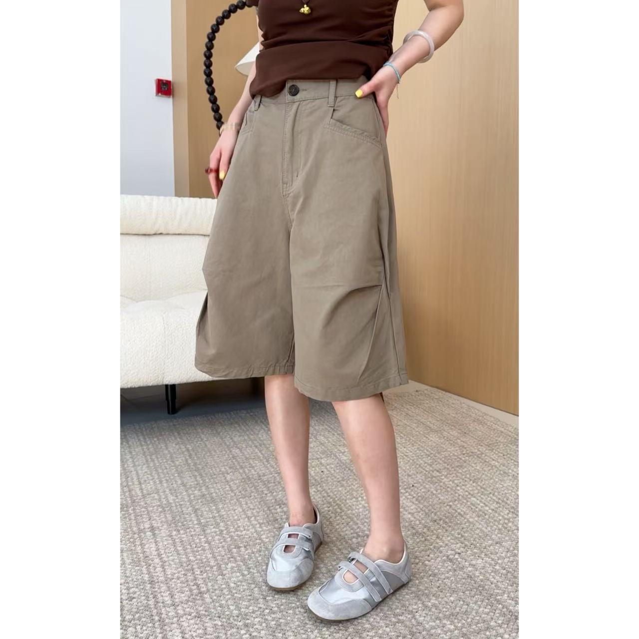 玖了个玖 2025夏新款宽松休闲阔腿薄款立体压褶休闲裤 2507C3809