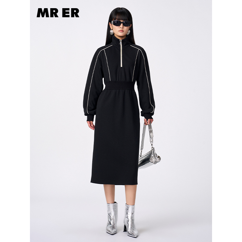 【达人专享】撞色条纹装饰收腰长袖连衣裙R4D91311