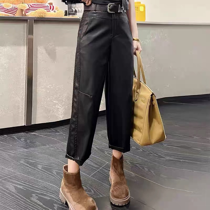 加绒秋冬季高腰老爹直筒腰带款磨毛阔腿皮裤