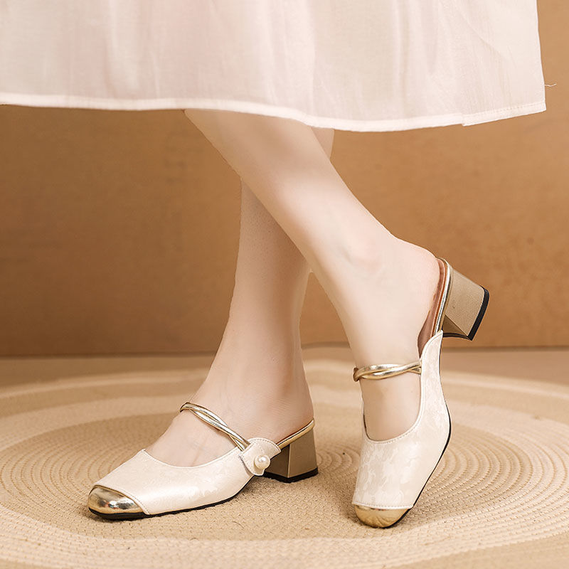 新国风法式一字半拖2024夏季新款仙女风包头时尚粗跟玛丽珍凉拖鞋