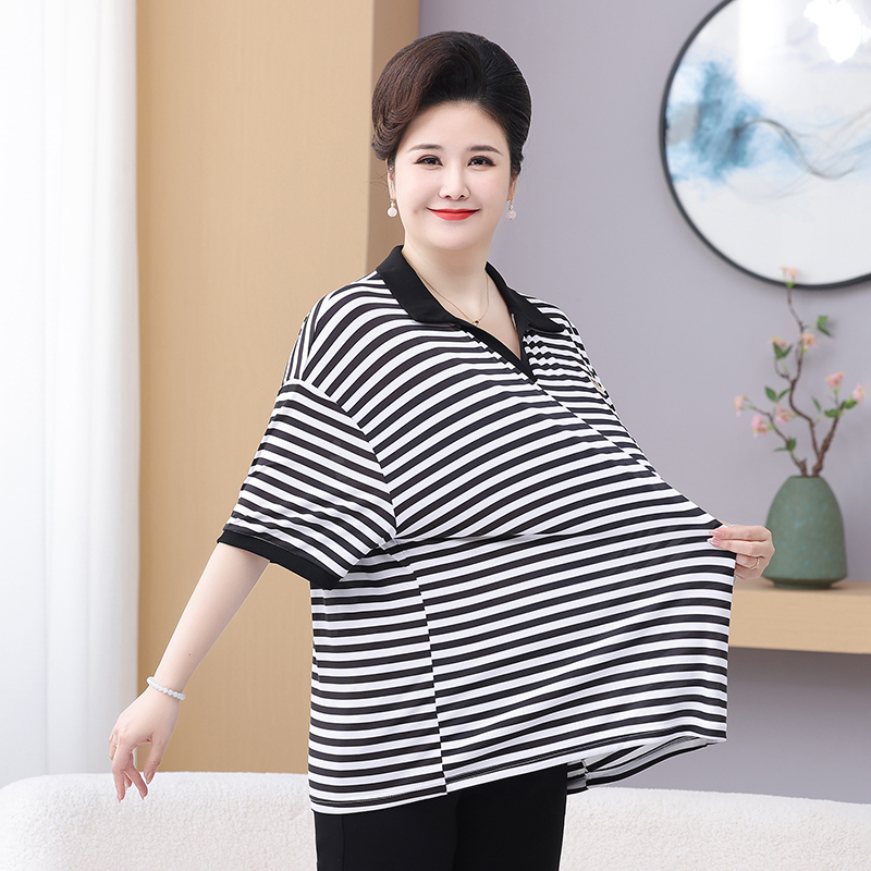 120-240斤特大码妈妈装夏季加肥宽松休闲条纹T恤中老年女装短小衫