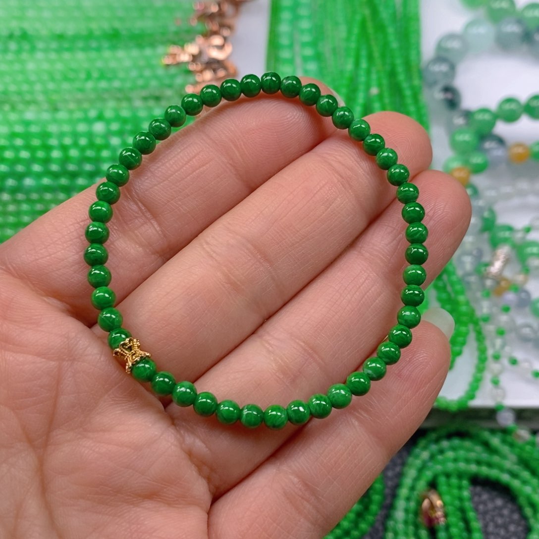 翡翠颈饰未镶嵌辣绿小米珠手链4m' m