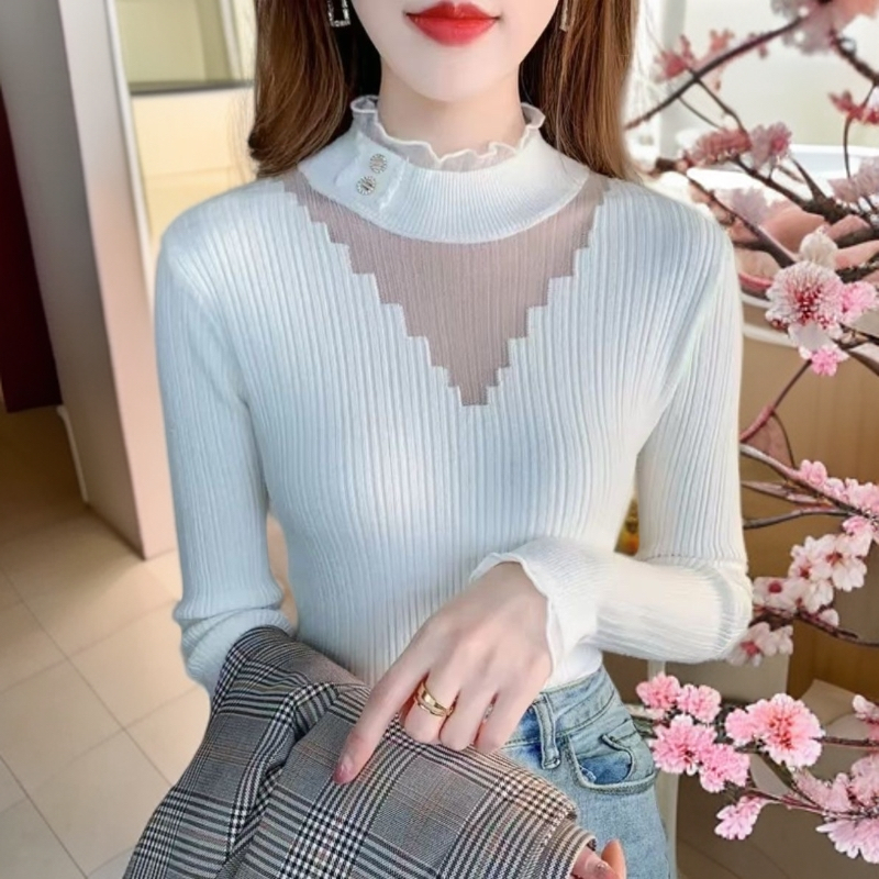 2025年气质新款半高领毛衣女蕾丝打底衫女新款针织衫中领打底衫女
