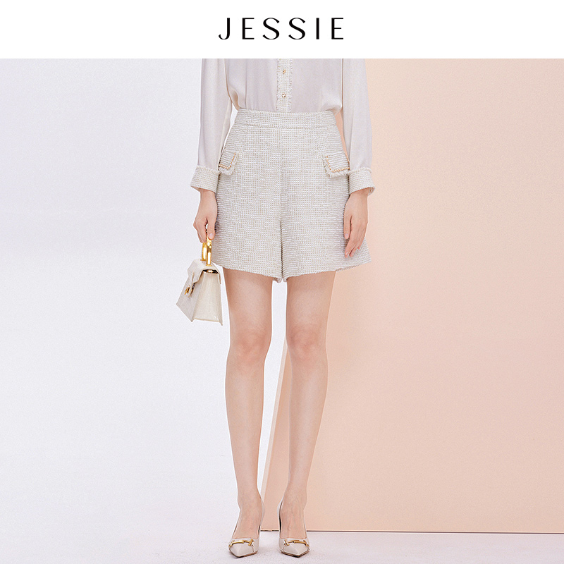 【刘校长专属】JESSIE气质小香风毛呢显瘦高腰阔腿短裤女春新款