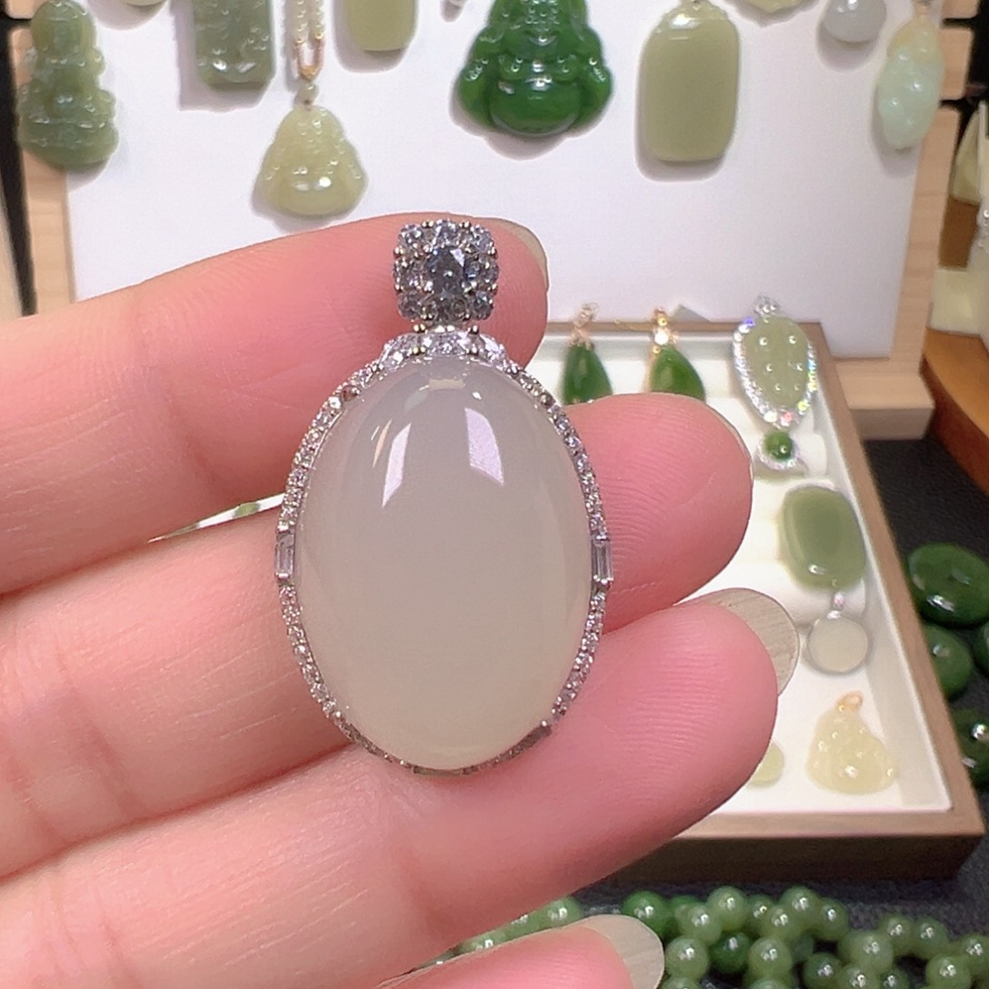 和田玉（青白玉）银S925镶嵌颈饰