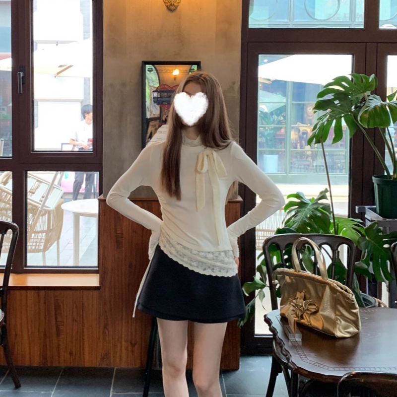 韩系芭蕾风纯欲蝴蝶结绑带圆领蕾丝拼接长袖t恤女收腰打底衫