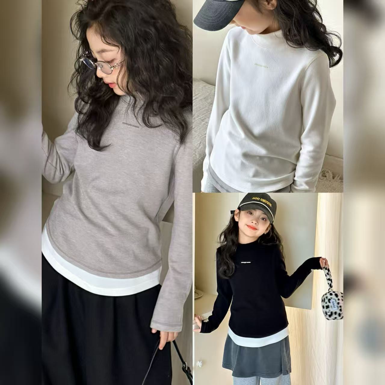 【2025秋冬韩款】儿童加厚假两件字母印花打底衫x1355