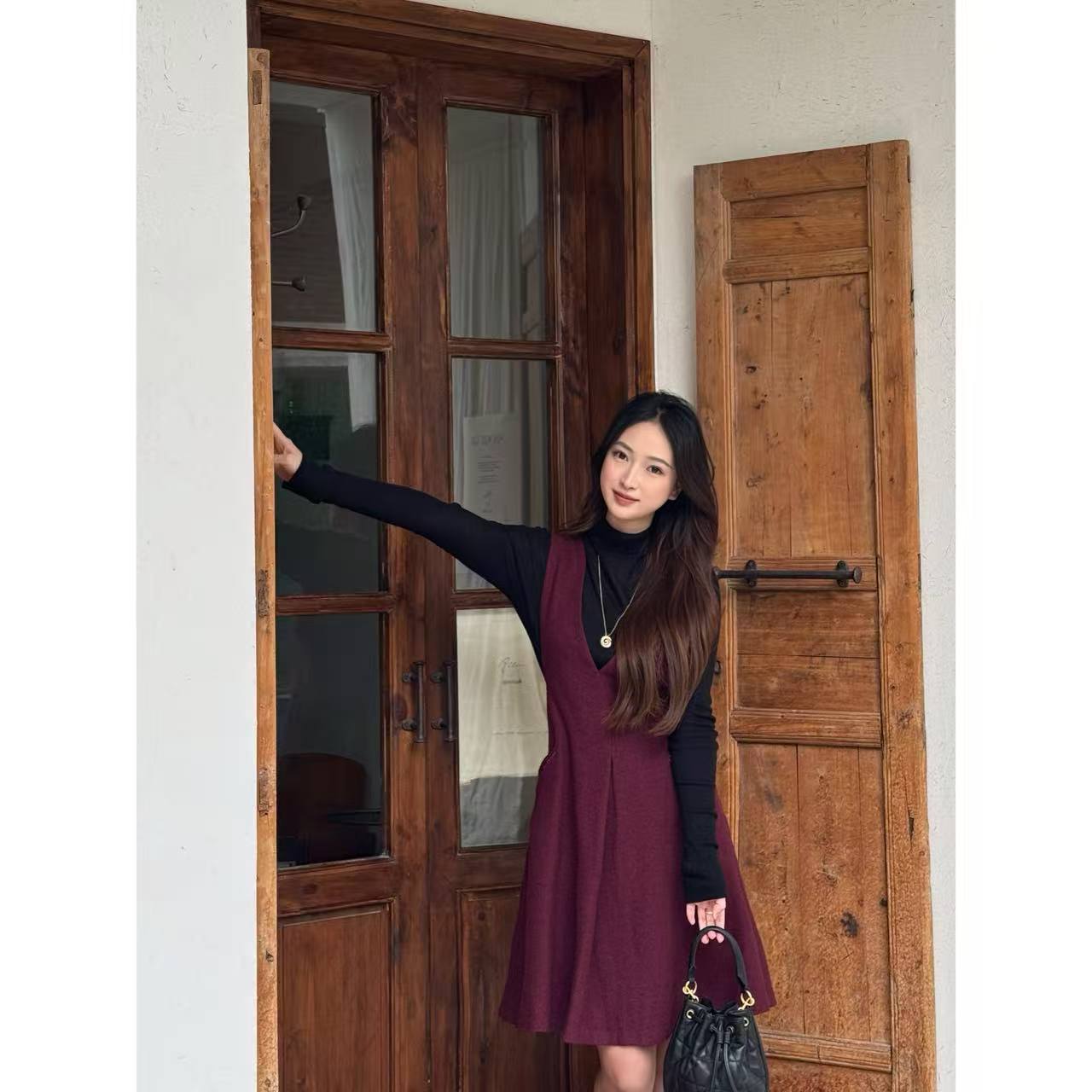 【红叶】保暖哥弟气质百搭V领秋季连衣裙1500185