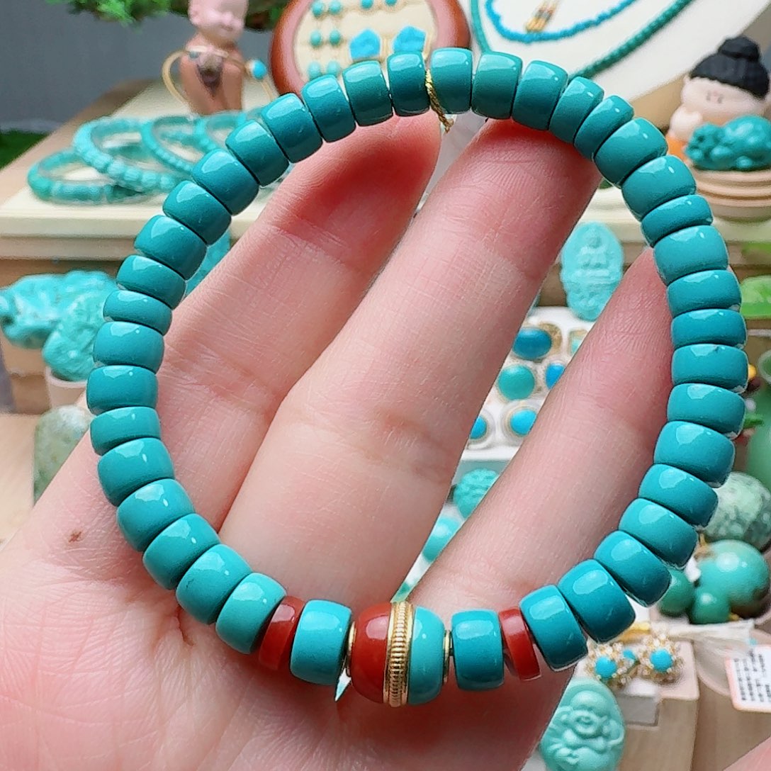 绿松石18K金镶嵌高瓷玉化蓝绿直切手串7