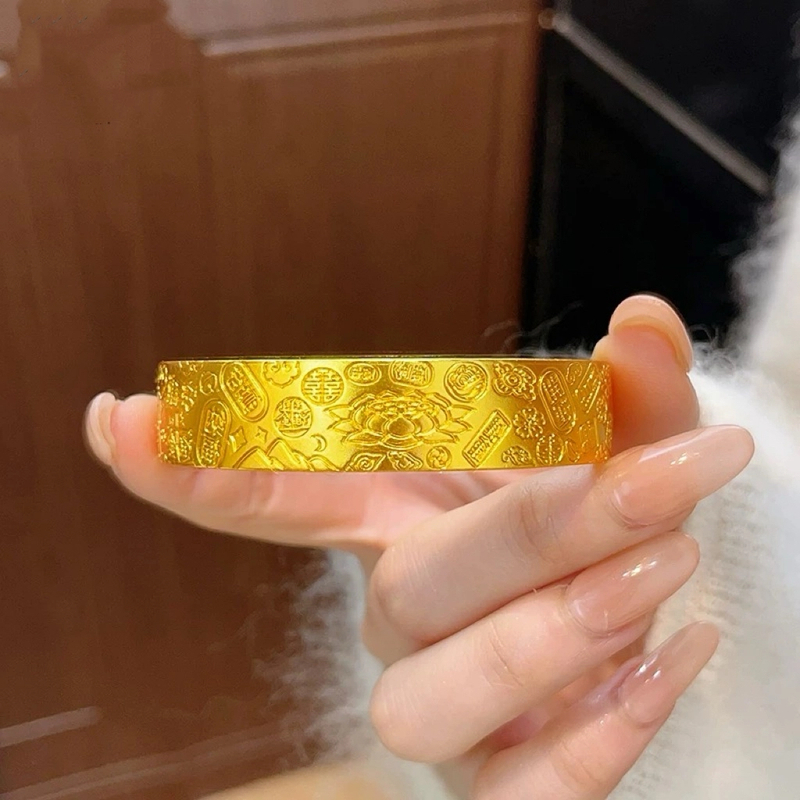 铜合金手镯 古法錾刻宽面吉言八宝手镯莲花开口镯子复古送女友礼