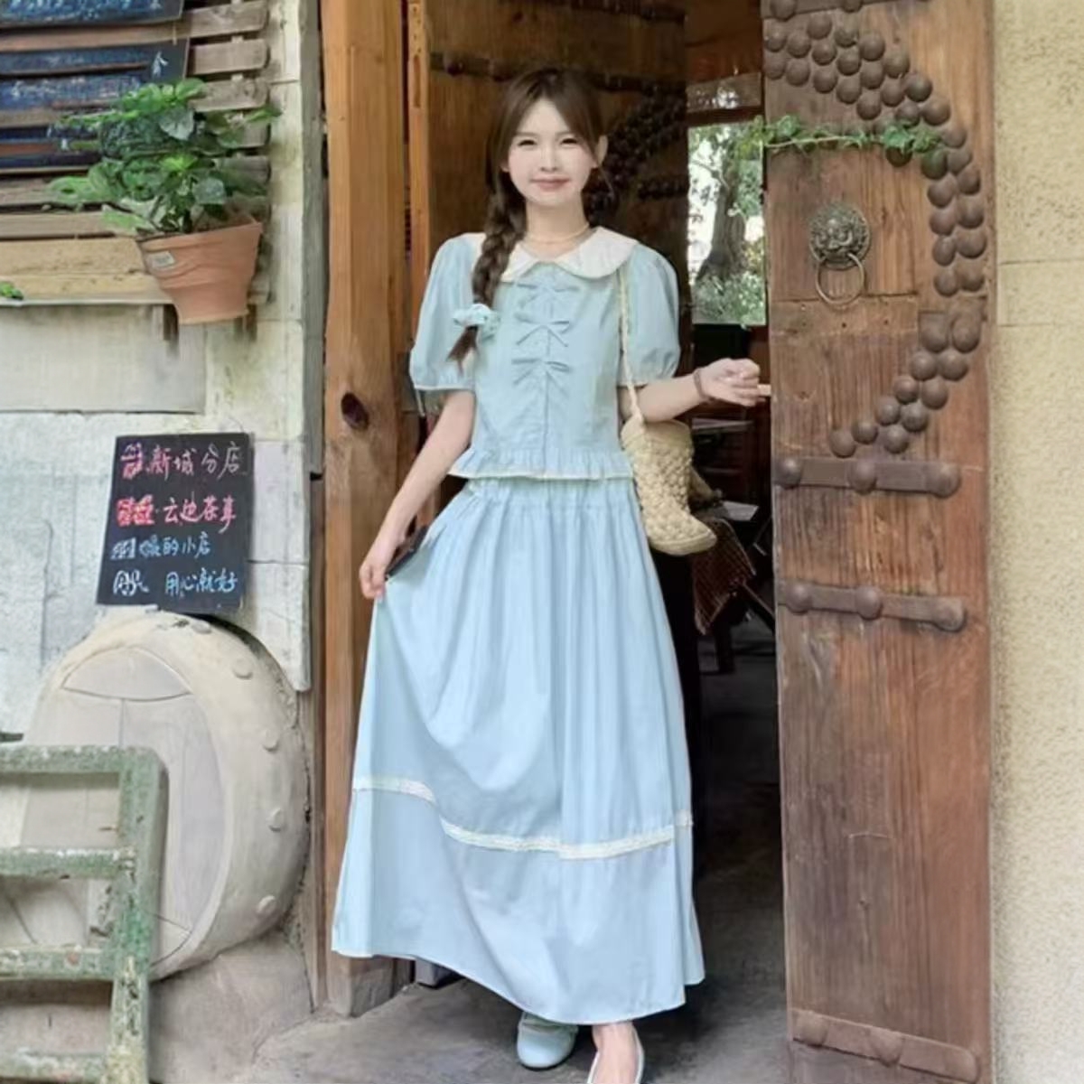 夏季甜美时尚穿搭减龄两件套娃娃领短袖蝴蝶结上衣+中长半身裙女