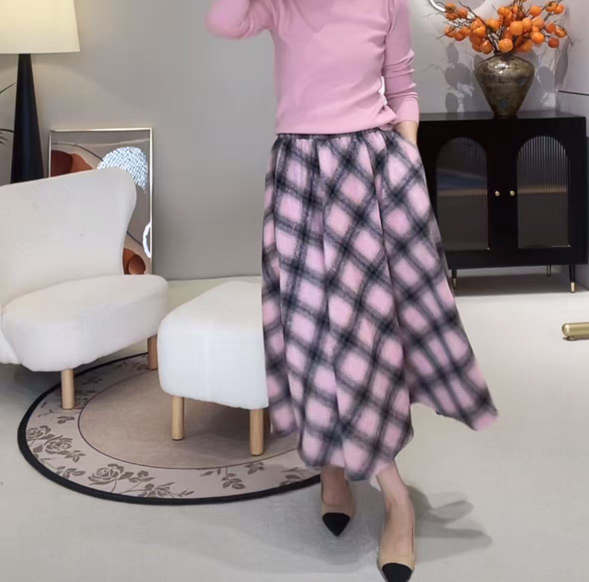 韩版复古撞色格子半身裙气质显瘦中长裙Q311