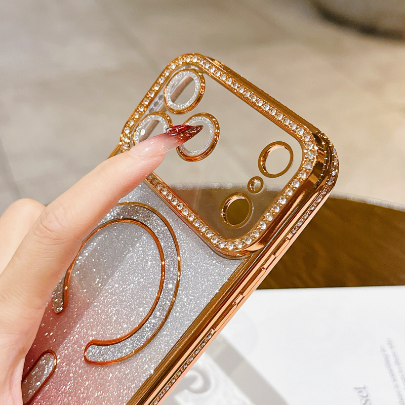 透明边钻引磁闪耀渐变闪粉磁吸全包防摔适用苹果17手机壳带镜头膜