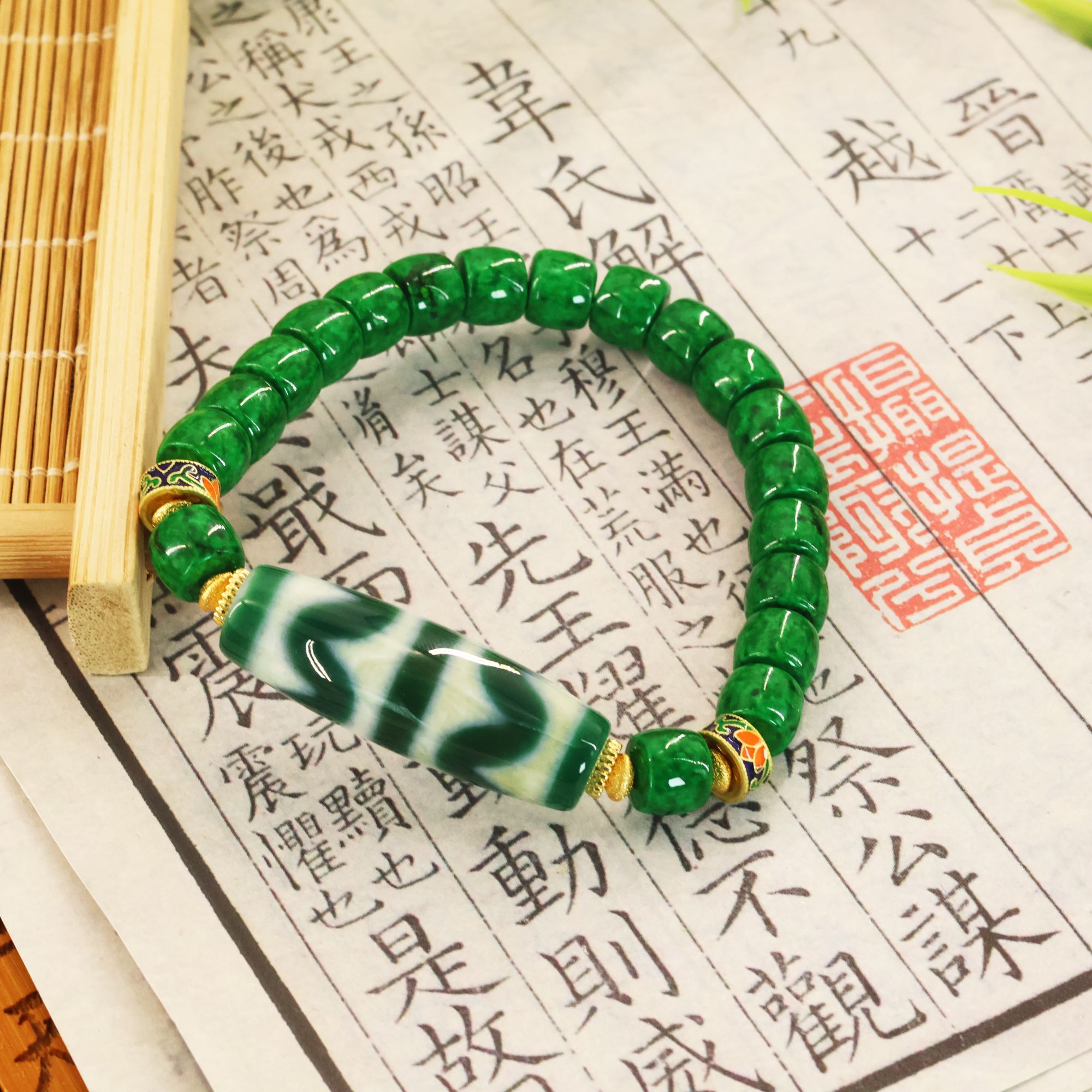 【凰世今传】雪域绿双虎/天地手串把件