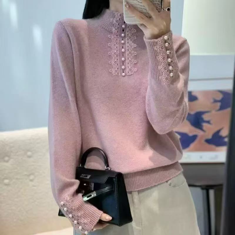 2025秋冬新品加厚半高领蕾丝拼接打底衫洋气宽松百搭毛衣