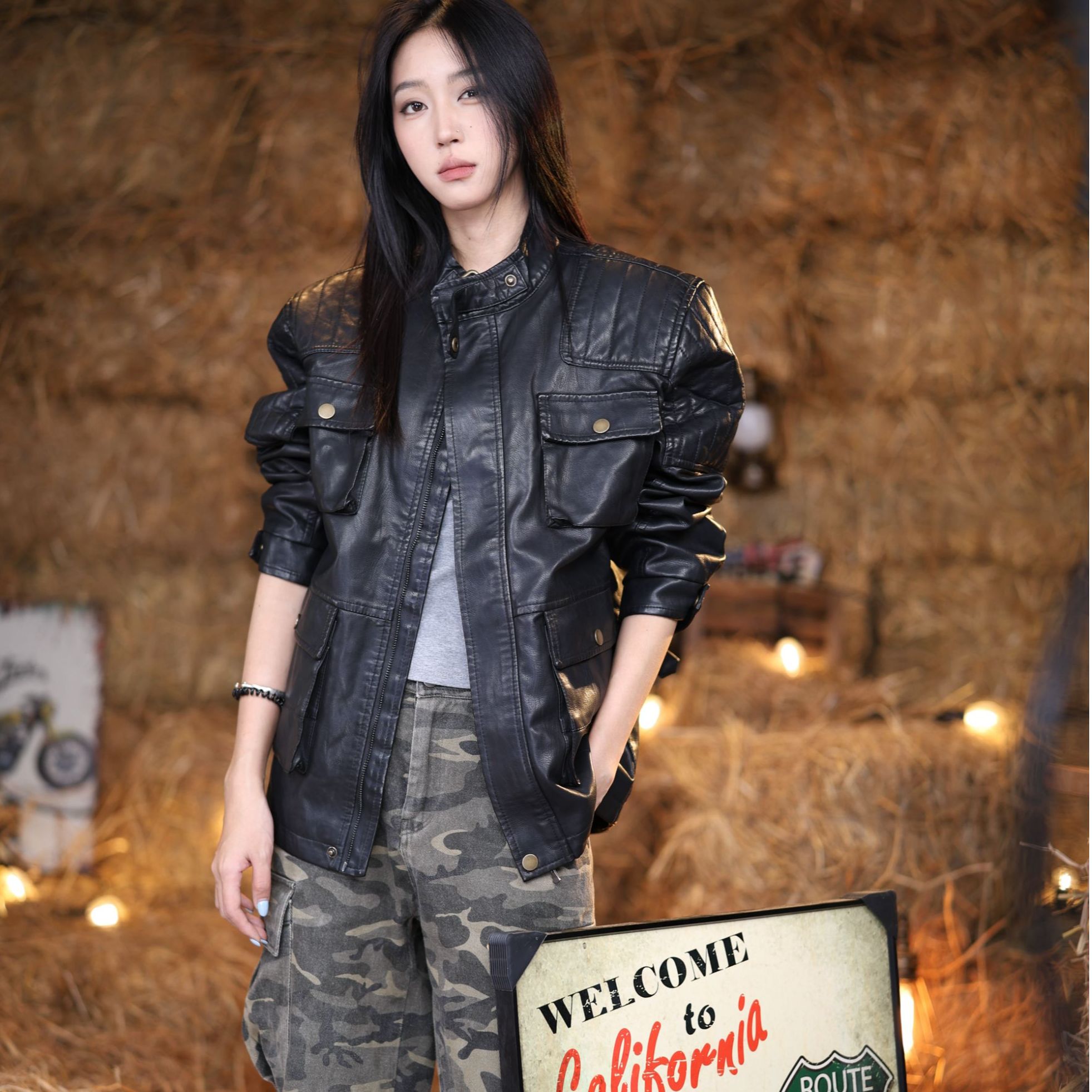 Dipu cool2025流行复古皮衣中性男友风显直角肩专利款皮衣多口袋