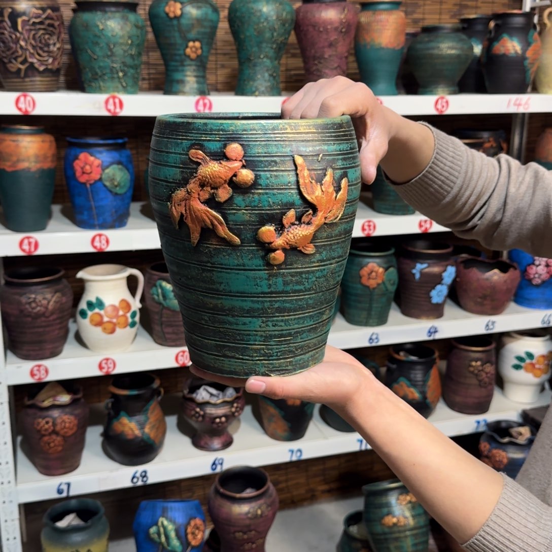 红陶红陶浮雕花盆炸炸炸