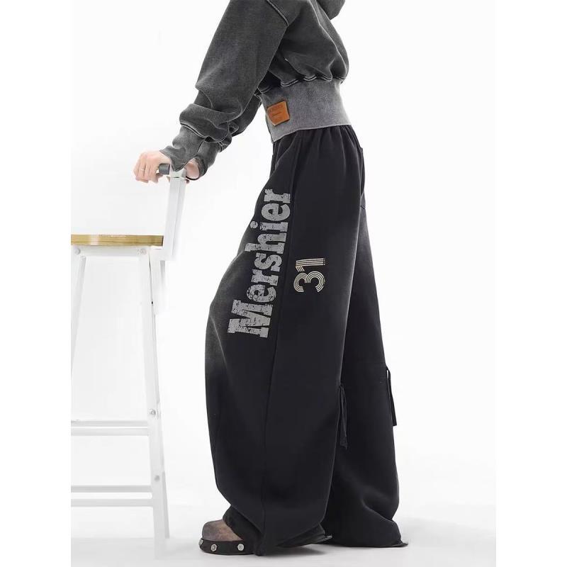 【橙橙】美式复古弯刀卫裤女2025秋季新款字母水洗渐变休闲裤