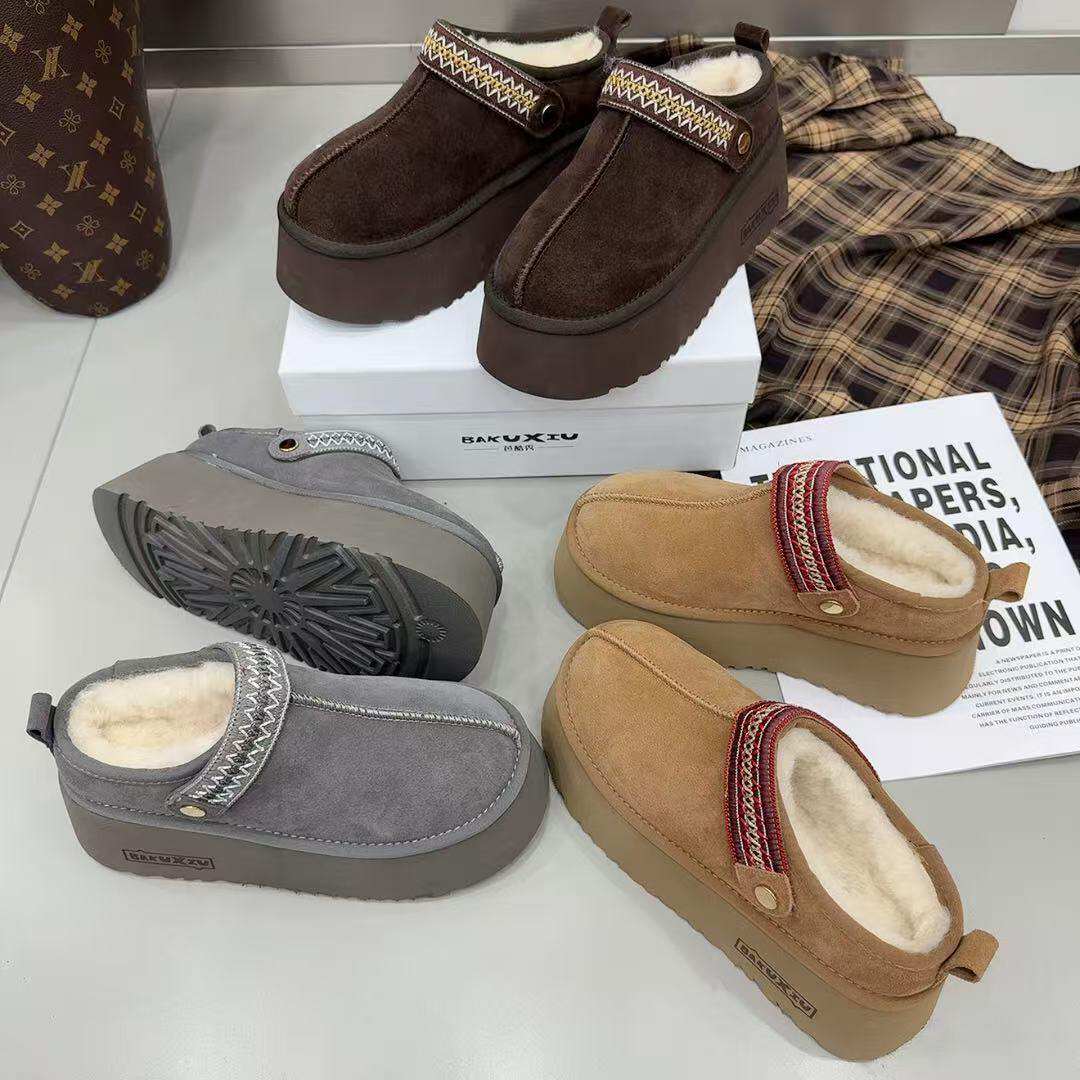 7cm雪地靴民族风女鞋增高加绒加厚懒人一脚蹬毛毛拖鞋塔茨矮筒靴