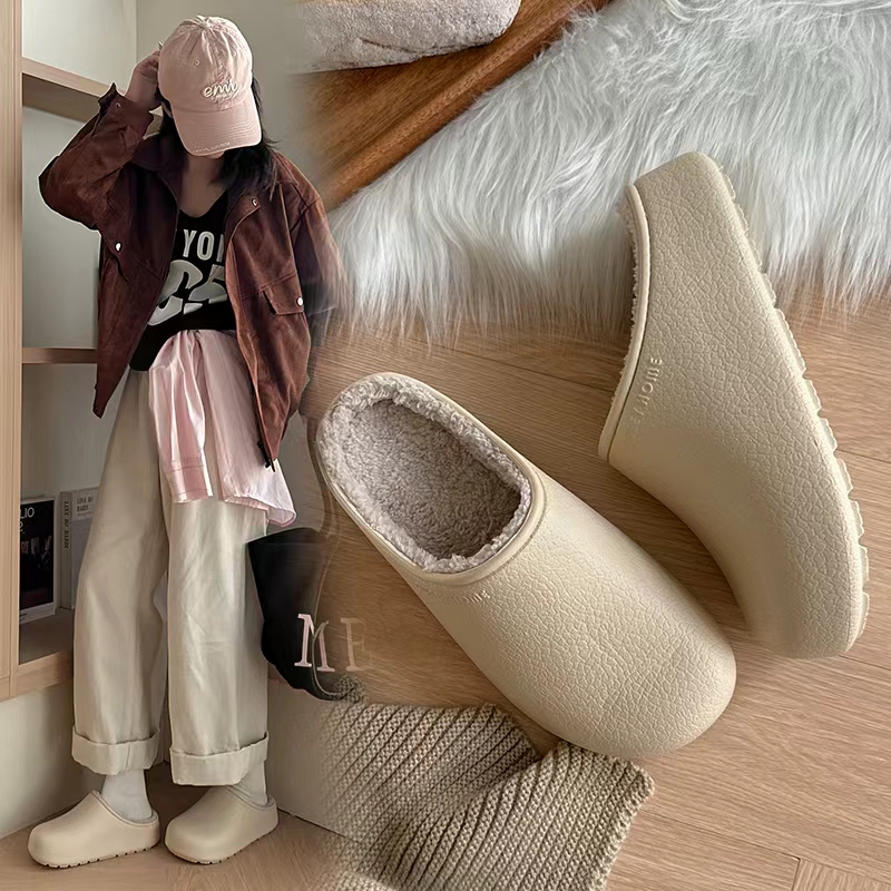 如沐丽抗菌勃肯鞋加绒女冬季厚底情侣毛绒保暖防水防滑棉拖鞋男