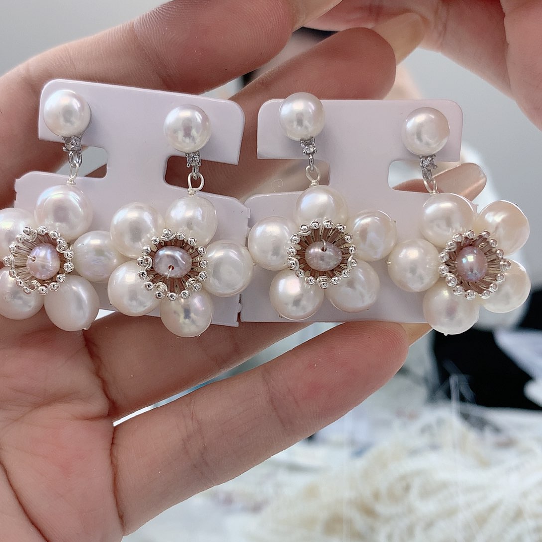 银S925镶嵌耳饰淡水珍珠双珠花