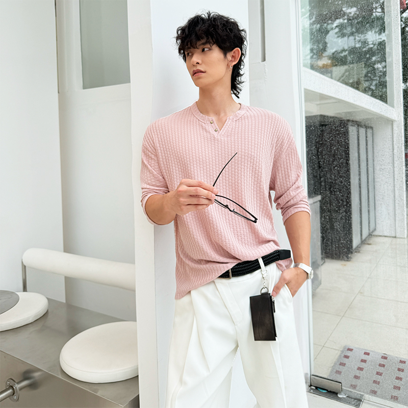 TF人夫感 老钱风粉色亨利撞钉痞帅领长袖t恤男夏季薄款防晒上衣
